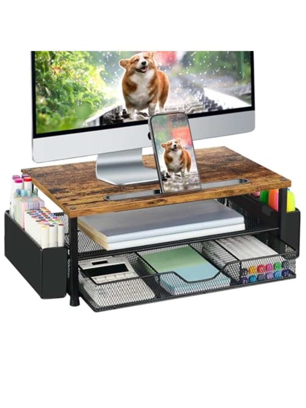 Monitor Stand Riser Desk Organizer With Drawer Phone Holder Office Storage